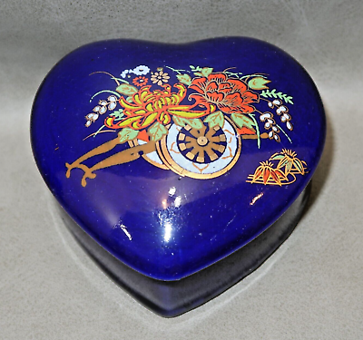#ad VTG Heart Cobalt Blue amp; Gold Hand Painted Floral Trinket Box Container $11.89