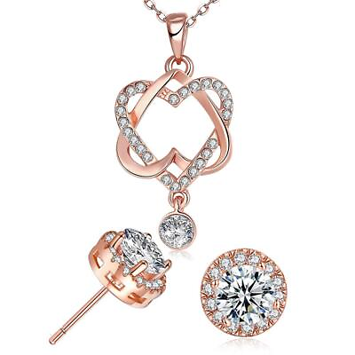#ad 14K Rose Gold Plating White Pav#x27;e Interlocking Heart Necklace amp; Earrings $31.00