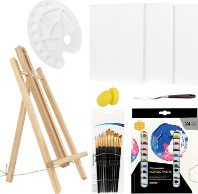 #ad 45 Pcs Art Canvas Acrylic Painting Kit 3Pcs Canvases 24 Paints with Wood Easel $39.99