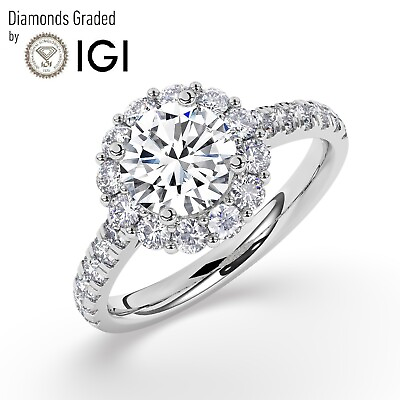 #ad Round Solitaire Halo 14K White Gold Engagement Ring2ct Lab grown IGI Certified $2262.90