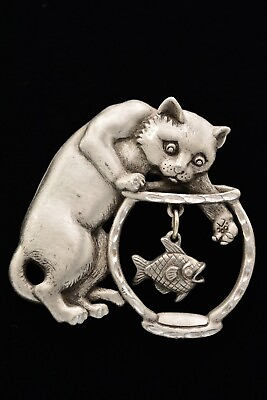 #ad JJ Cat Pin Brooch Brushed Silver Pewter Fish Bowl Dangling Vintage Signed 80s 9B $18.36