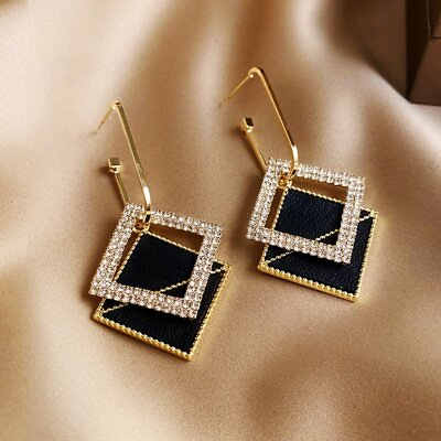 #ad Fashion Black Gold Plated Geometric Crystal Ear Stud Earrings Drop Dangle Women C $2.68