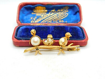#ad 18ct Yellow Gold amp; Pearl Brooch Two Birds In The Nest Antique c1930 Art Deco GBP 295.00