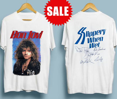 #ad Vintage 1986 Bon Jovi Slippery When Wet t shirt double sided new. white $19.94