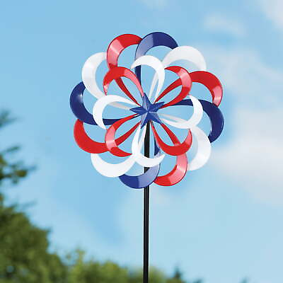 #ad 49.4quot; Height Red White amp; Blue Patriotic Metal Flower Wind Spinner $25.76
