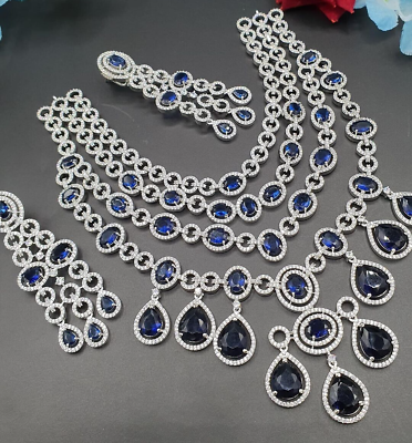 #ad Indian 18k White Gold Filled Indian Bollywood Style CZ Necklace Blue Jewelry Set $389.99