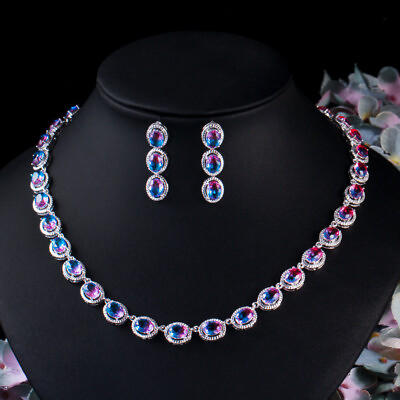 #ad Handmade Set 2pcs Rainbow Bi Color Tourmaline Silver Chain Necklace Earrings New $24.99