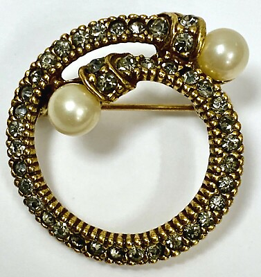 #ad Swirl Brooch Pin Antique Gold Tone Pave Clear Rhinestone Faux Pearl Open End $16.99