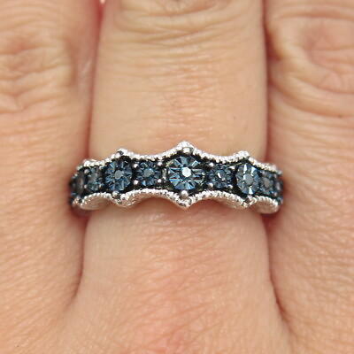 #ad 925 Sterling Silver Real Round Cut Fancy Blue Diamond Half Eternity Ring Size 7 $79.99