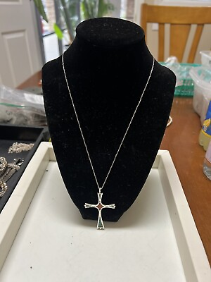 #ad Native American Marked Turquoise Coral Sterling Cross Pendant Chain Thunderbird $180.00