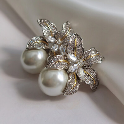 #ad Fashion Women White Pearl Wedding Drop Earrings Two Tone 925 Silver Jewelry C $4.27
