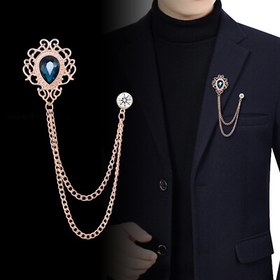 #ad Men#x27;s Crystal Brooch With Chain Tassels Lapel Pin Shirt Suit Mens Rhinestone $6.64