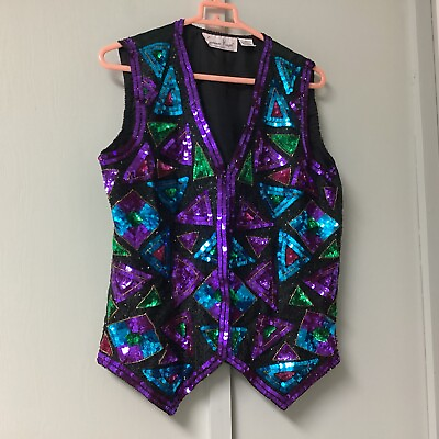 #ad Vtg Lawrence Kazar Black Silk Vest Beading Sequin Size S Some Sequins Missing $24.99