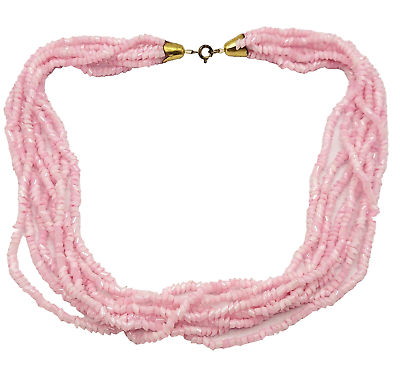 #ad Pink Glass 8 Strand Translucent Slanted Angle Chip Bead Vintage Necklace 19 Inch $16.95