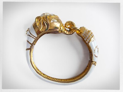#ad Vintage Bracelet Indian Elephant W Gold Tone Crystals amp; White Enamel $65.00