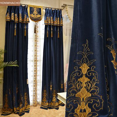 #ad British Vintage Luxury blue embroidered thick cloth blackout curtain drape B674 $185.25