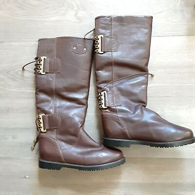 #ad New Maria di Venezia brown leather boots 8.5 warm lining 16quot; tall lacing detail $31.50