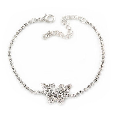 #ad Delicate Clear Crystal Butterfly Bracelet In Silver Tone Metal 16cm L 5cm Ext GBP 9.25