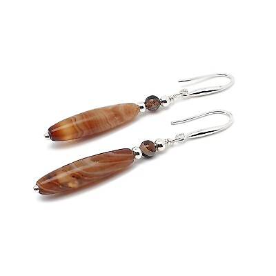 #ad Brown Beige Agate Earrings Beaded Gemstone Dangle Drop Handmade Sterling Silver GBP 13.98