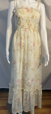 #ad Roberta California Vintage Maxi Dress 7 8 Smocked Floral Ruffles 1970s $47.00