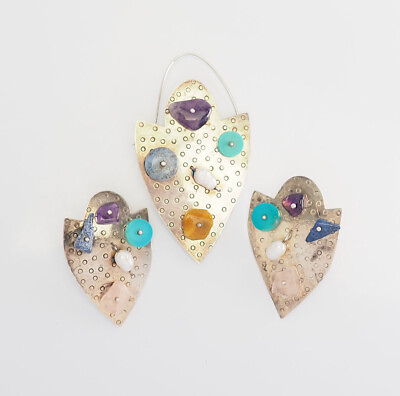 #ad Funky handmade vintage sterling silver gemstones pearls pendant earrings set $125.00