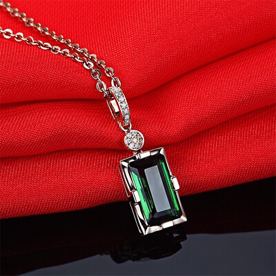 #ad 18K Rose Gold Plated Green Cubic Zirconia Rectangular with Crystal Necklace $12.99