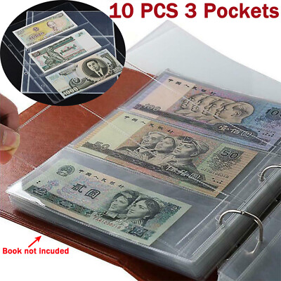 #ad 10pcs Pages 3 Holes Paper Money Album Currency Banknote Collection Book $11.99