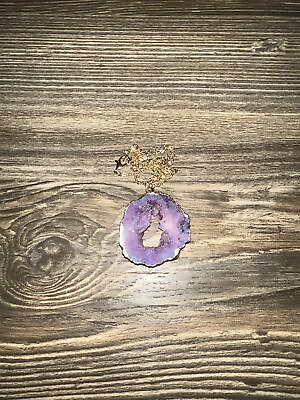 #ad 1pc Pendant Necklace Agate Quartz Geode Slice Amethyst Inlaid Gold Plated. New. $9.95