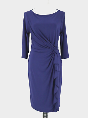 #ad Lauren Ralph Lauren Blue Dress Size 10 Womens Ruched Stretch Knit Lined Ruffle $33.98