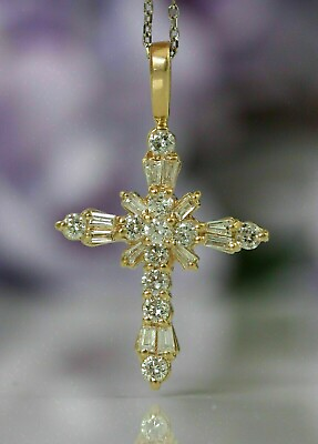 #ad 2Ct Round Cut Real Moissanite Vintage Cross Women Pendant 14K Yellow Gold Plated $135.20