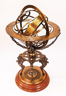 #ad Armillary Globe Big Antique Brass Engraved with Wooden Base Vintage Horoscope $139.00