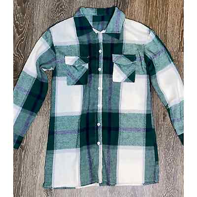 #ad New Small Long Plaid Button Up Flannel Long Sleeve Top Blouse Down Fall Green $11.05