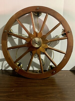 #ad Vintage Wagon Wheel Ceiling 6 Light fixture 30” Chandelier Copper Bronze Wood $399.95