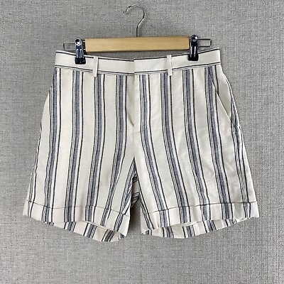 #ad Lauren Ralph Black Label Linen Shorts Women#x27;s Size 0 Ivory Ticking Stripe Blue $19.96