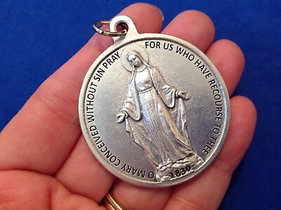 #ad Large VIRGIN MARY MIRACULOUS Devotion Medal 1 3 4quot; Saint Medal Italy Twin Hearts $18.56