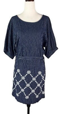 #ad Roller Rabbit Sz M Ribbed Striped “Tassel Tie Dress” Blue White Embroidered Mini $39.97