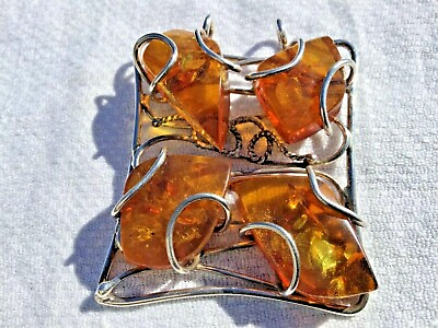#ad Handmade Sterling Amber Pendant Double Bail Slide Type large VERY UNUSUAL $95.00