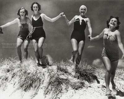 #ad Vintage 1935 Photo Four Young Women in Swimsuits Running Over Sand Dune $11.95