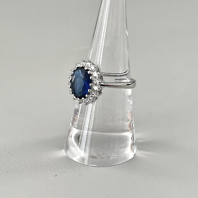 #ad Ring Cocktail Blue Oval Cut Crystal Rhinestone Halo Setting Silver Tone Size 7 $10.49
