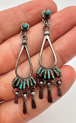 #ad Vtg Zuni Sterling Silver Needle Point Turquoise Dangle Earrings 2.25quot; $125.00