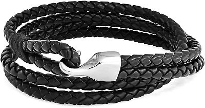 #ad Unisex Multilayer Black Stackable Woven Weave Braided Genuine Leather Bracelet W $18.11