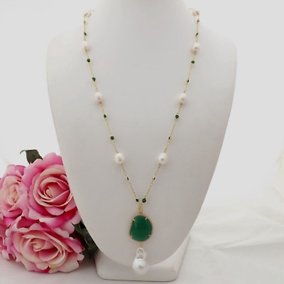 #ad GE090606 26#x27;#x27; White Rice Pearl Green Crystal Chain Necklace Keshi Pearl Pendant $18.50