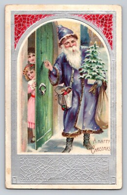 #ad c1910 Purple Santa Claus Tree Toys Door Children Germany Christmas P348 $31.99