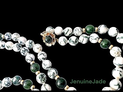 #ad Natural White Green 18k Gold Mottled Jade Beaded Knotted Necklace Chinese Rare $1888.00