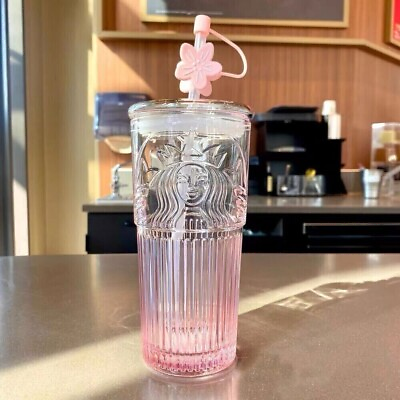 #ad 2024 Starbucks Glass Cup Gradient Pink Sakura Tumbler w Cherry blossom Topper $29.99