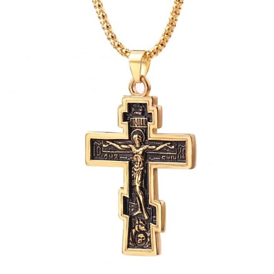 #ad Mens Ukrainian Russian Orthodox Crucifix Cross Pendant Necklace Steel Gold Men $10.88