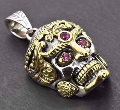 #ad 0.8 Ct Round Simulated Amethyst Skull Charm Pendent Real 925 Two tone Silver $159.99
