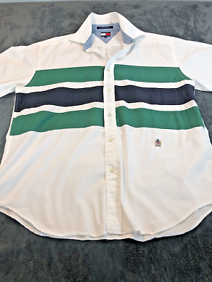 #ad Vintage Tommy Hilfiger Mens Shirt Large Button Down ColorBlock Crest White Green $16.99