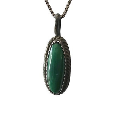 #ad CT Sterling Green Malachite Teardrop Pendant On 18quot; Thin Chain $25.00