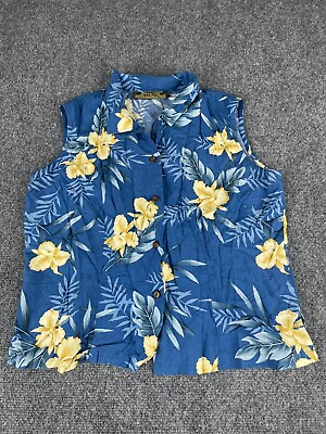 #ad Two Palms Hawaiian Women Large Multicolor Floral Sleeveless Collared Button Down $26.99